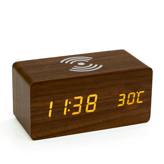 TIN-IN - Digitale Bureauklok - Temperatuurmeter met Draadloze oplader - Donker hout